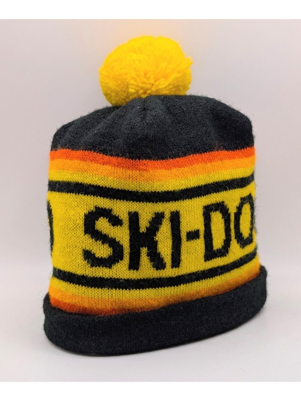 Vintage Ski-Doo Pom Beanie Hat OSFM Adult Orange Yellow Winter Knit 70s 80s Cap